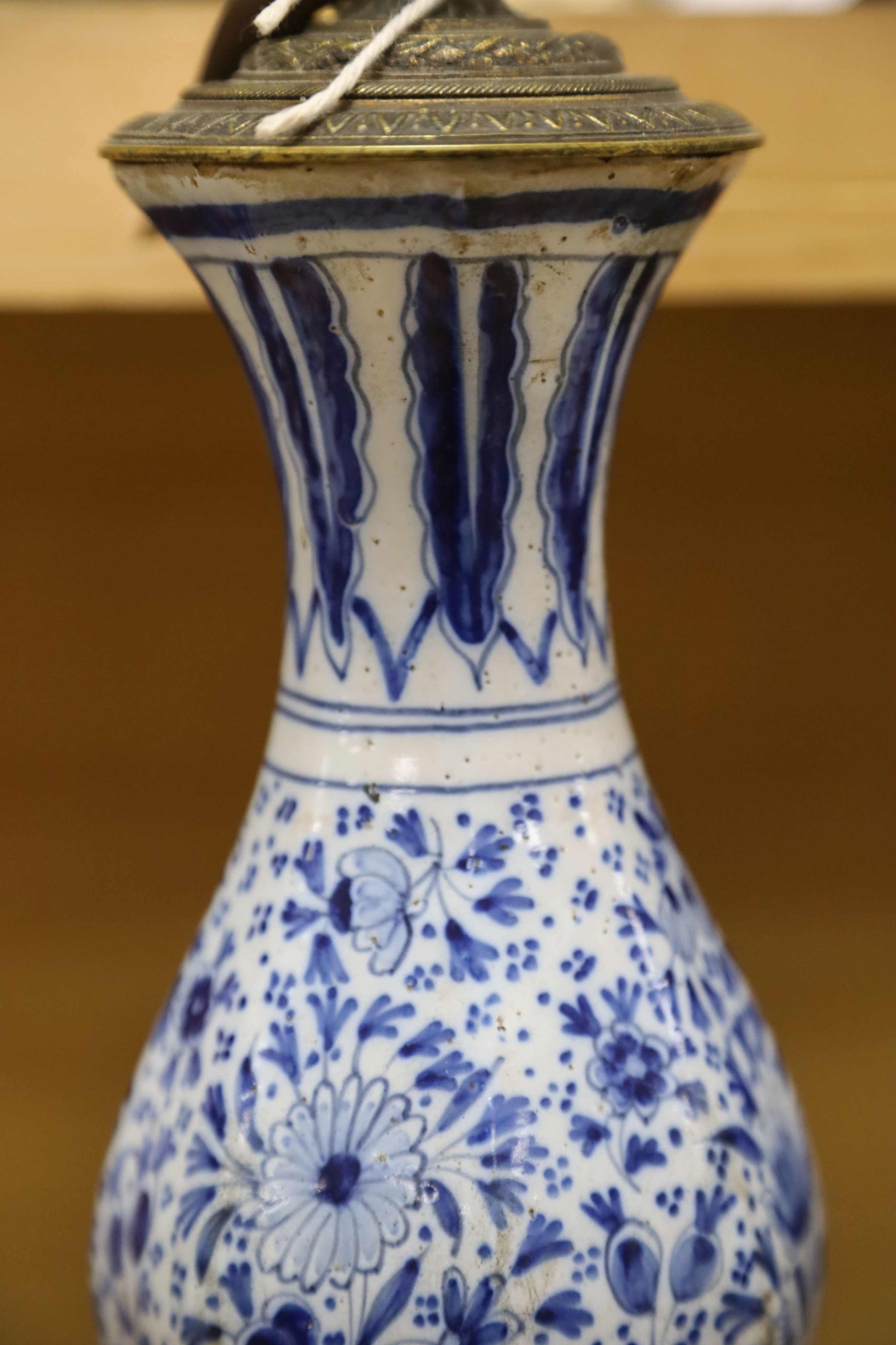 An 18th/19th century Delft blue and white octagonal double gourd vase, mounted as a lamp 50 cm